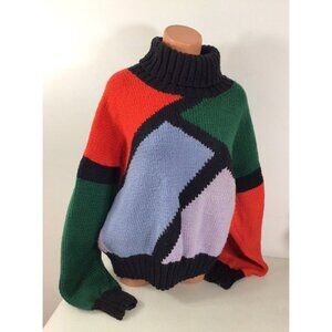 Hand Knit Abstract Wool Turtleneck Sweater Womens Large